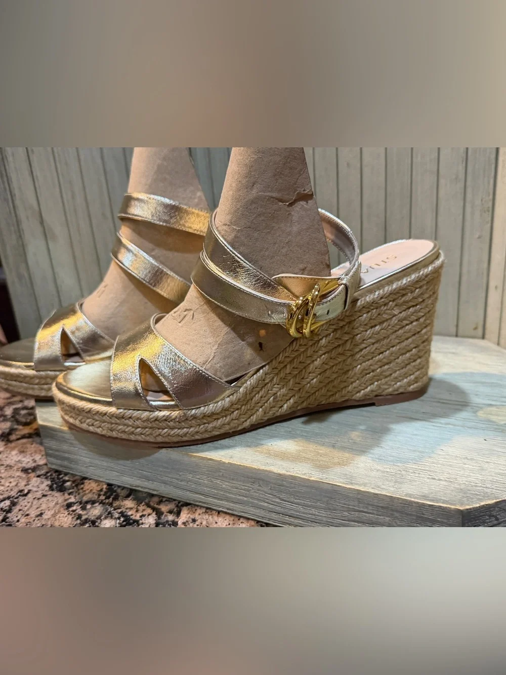 New Stuart Weitzman Metallic Gold Wedge Sandals with Espadrille Platform 10 - Picture 3 of 13